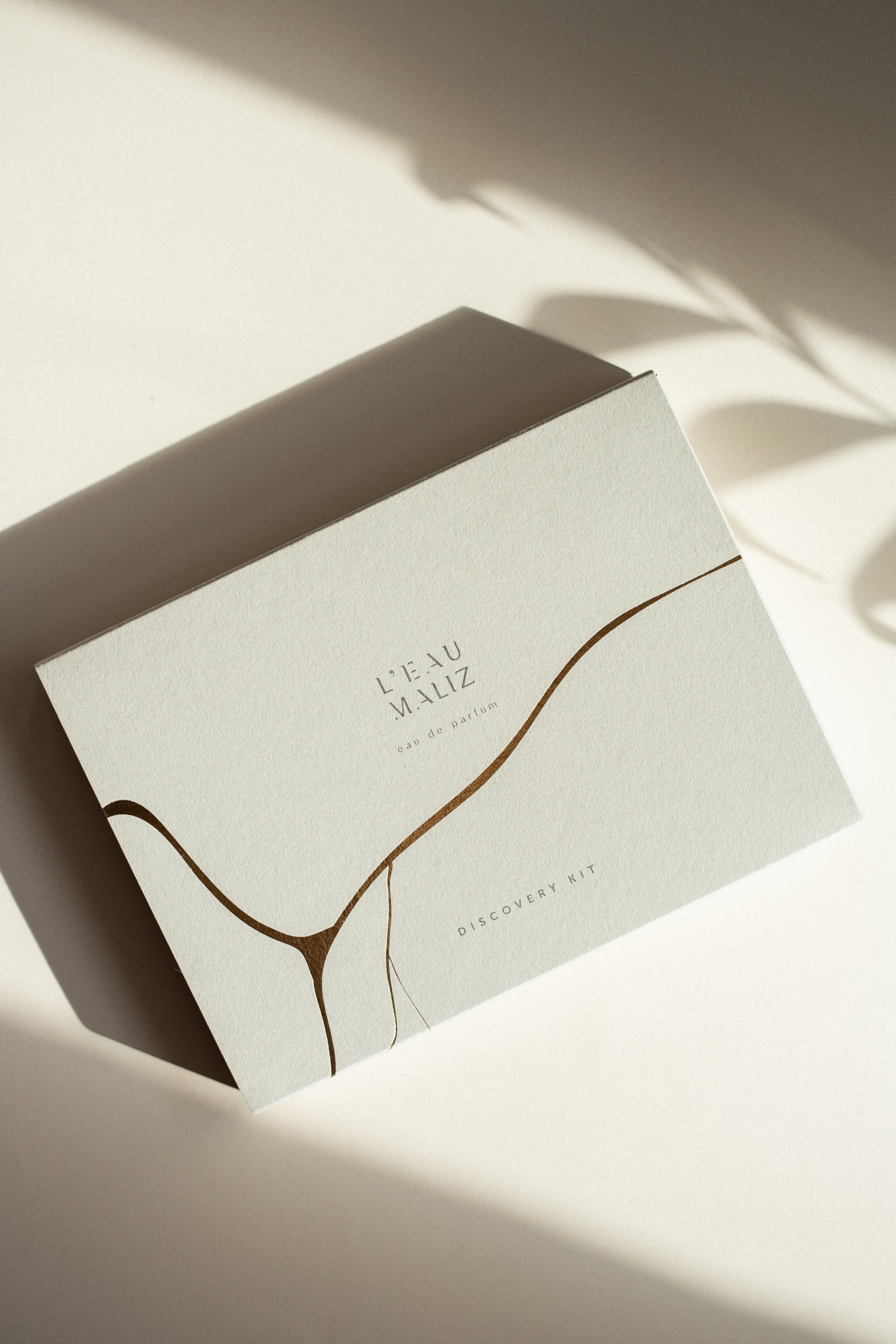 Helle salbeigraue Parfum-Discovery-Kit-Box mit minimalistischem goldenem Liniendesign und weiblicher Silhouette auf hellem Hintergrund mit sanften Schatten