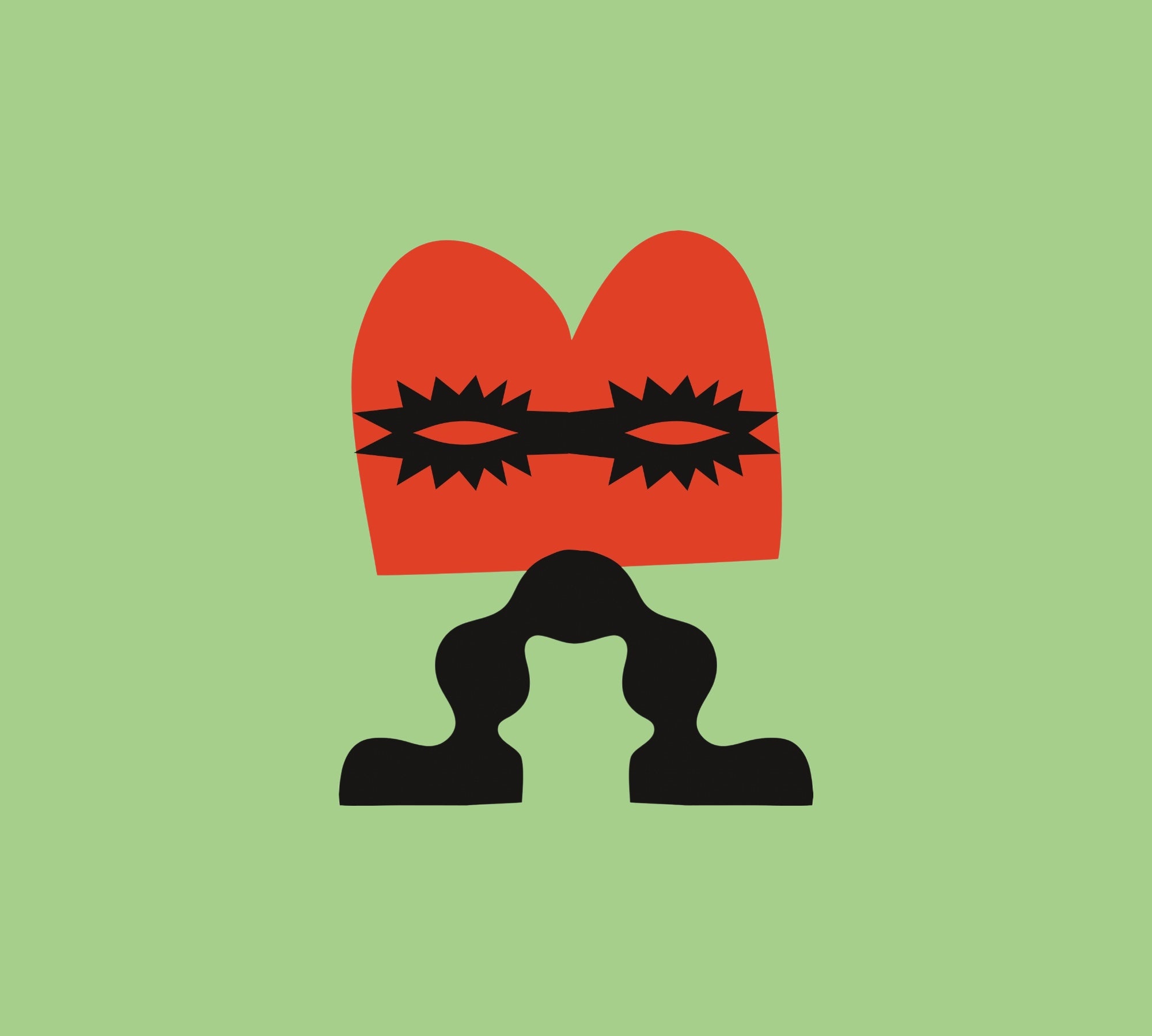 Abstrakte grafische Illustration mit oranger Maske mit schwarzen zackigen Augenformen über schwarzen Silhouetten auf hellgrünem Hintergrund