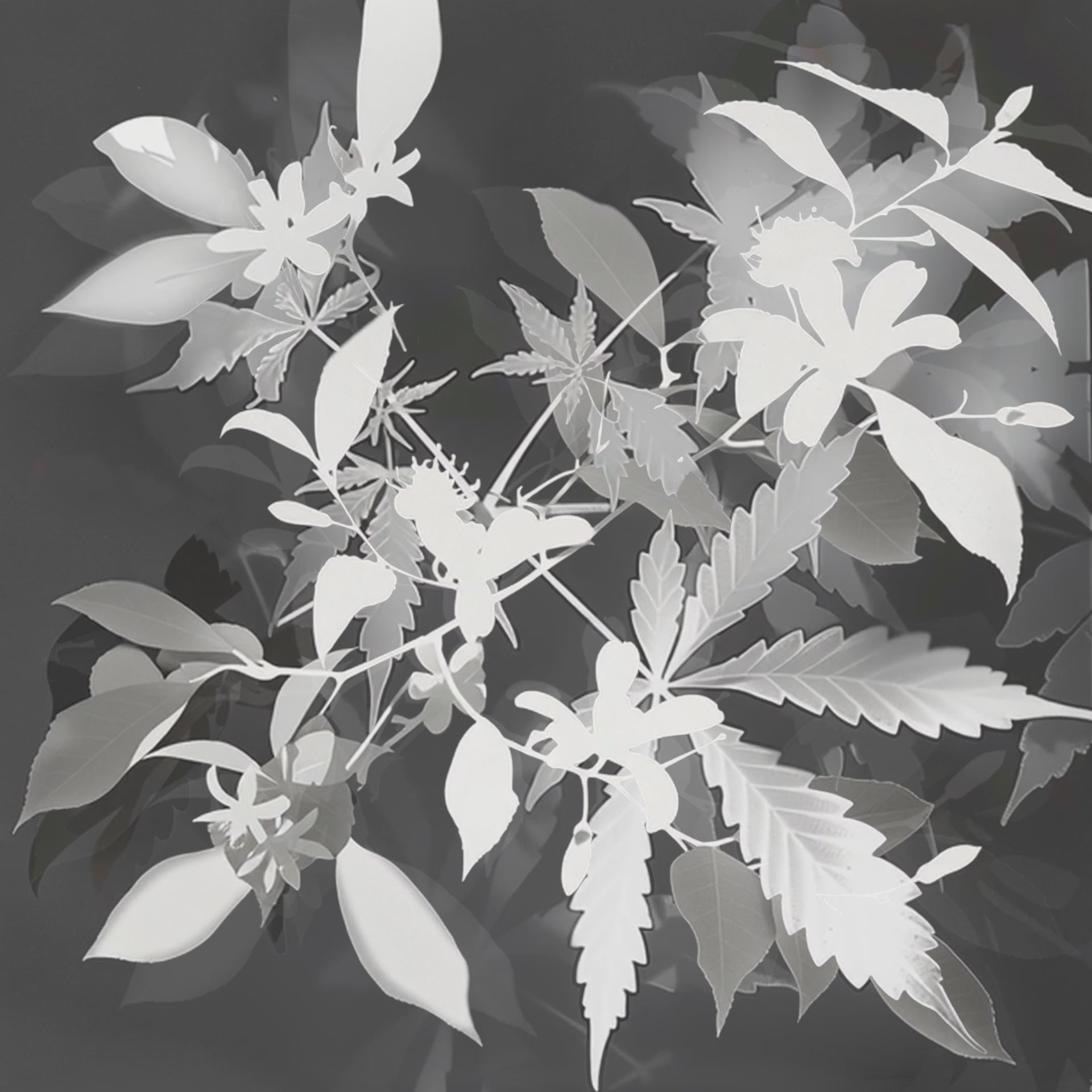 Produktvideo Neroli+Cannabis 15West x Raer - Schwarz-weiß animierte Cannabis- und Orangenblätter überlagern sich in röntgenartiger Ästhetik