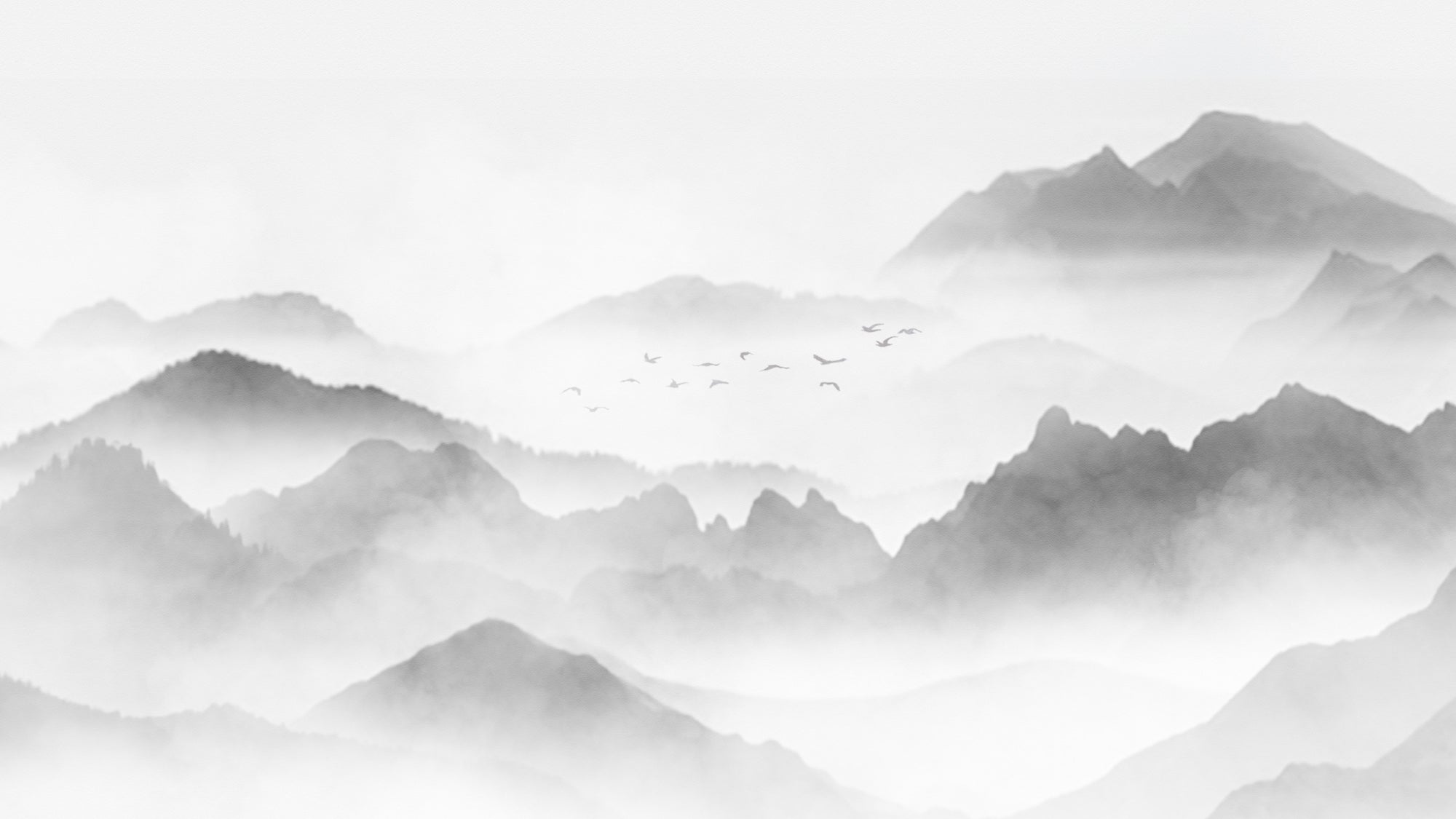 Minimalistische schwarz-weiß Berglandschaft mit Nebel und fliegenden Vögeln im Stil traditioneller asiatischer Tuschemalerei