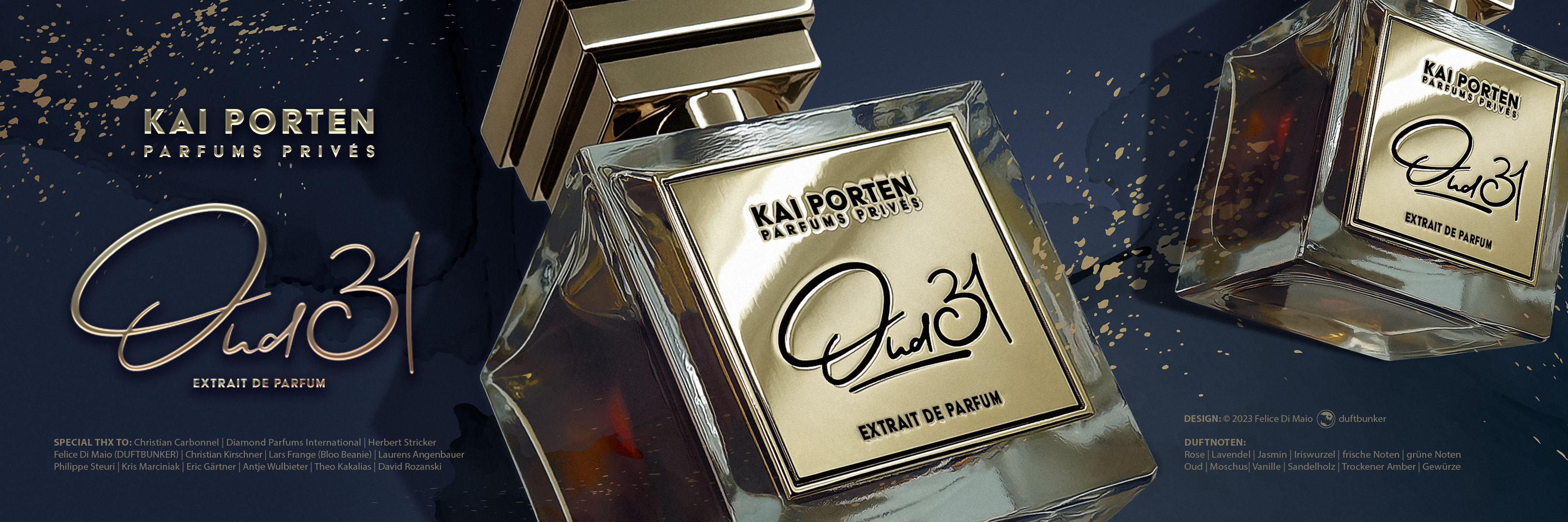 Nahaufnahme vom Parfumflakon Oud 31 von Kai Porten mit goldenem Etikett und goldenem Deckel auf dunkelblauem Hintergrund mit Lichtreflektionen