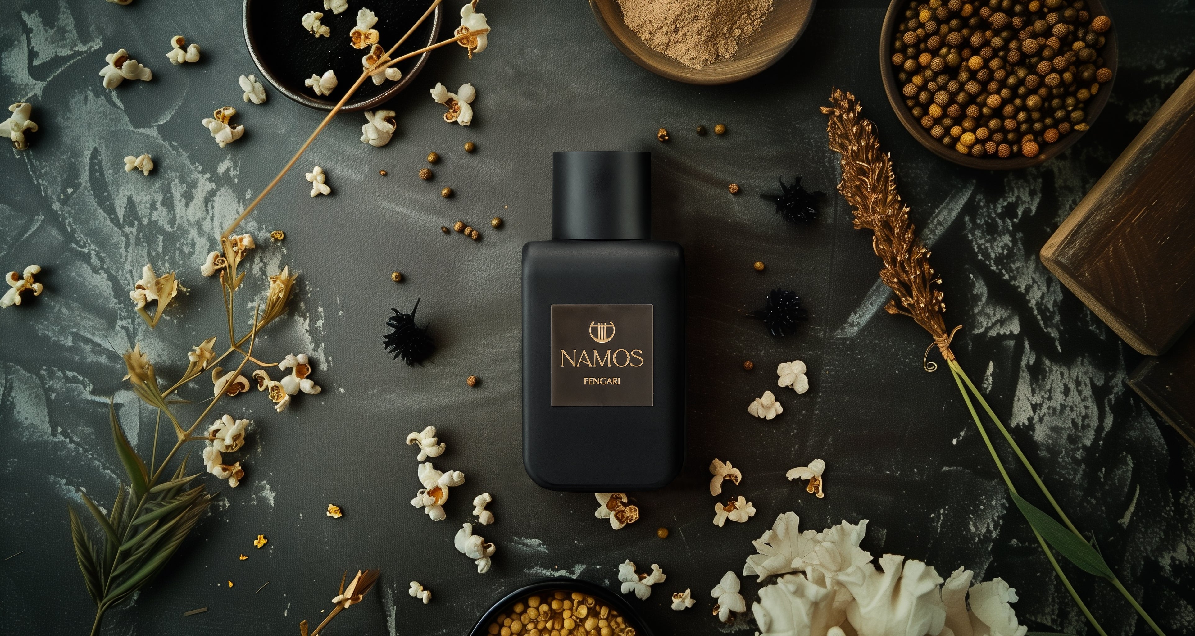 Parfumflakon Fengari von Namos mit schwarzem Glas und goldenem Etikett, umgeben von Duftzutaten wie Blumen, Popcorn, Gewürzen und Pflanzen auf dunklem Hintergrund