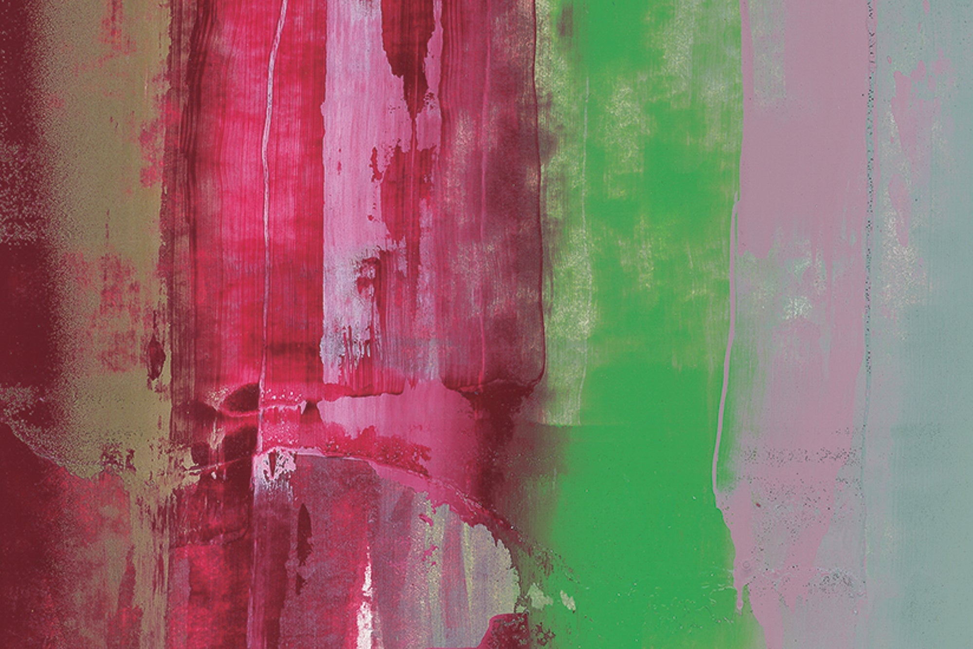 Abstraktes Gemälde mit vertikalen Pinselstrichen in Rosa, Rot und Grün